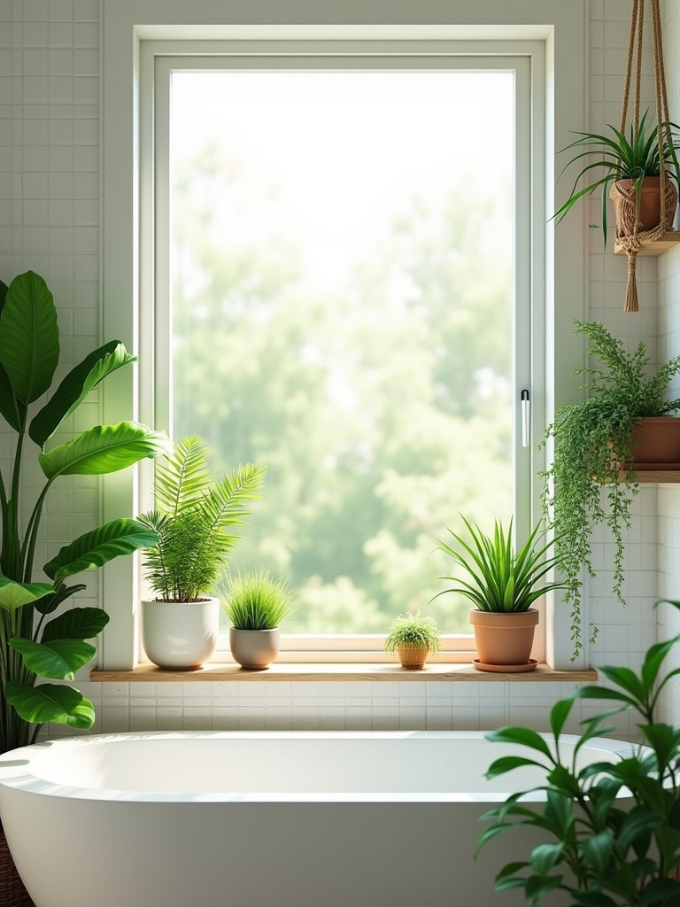Bathroom with lush greenery and natural light