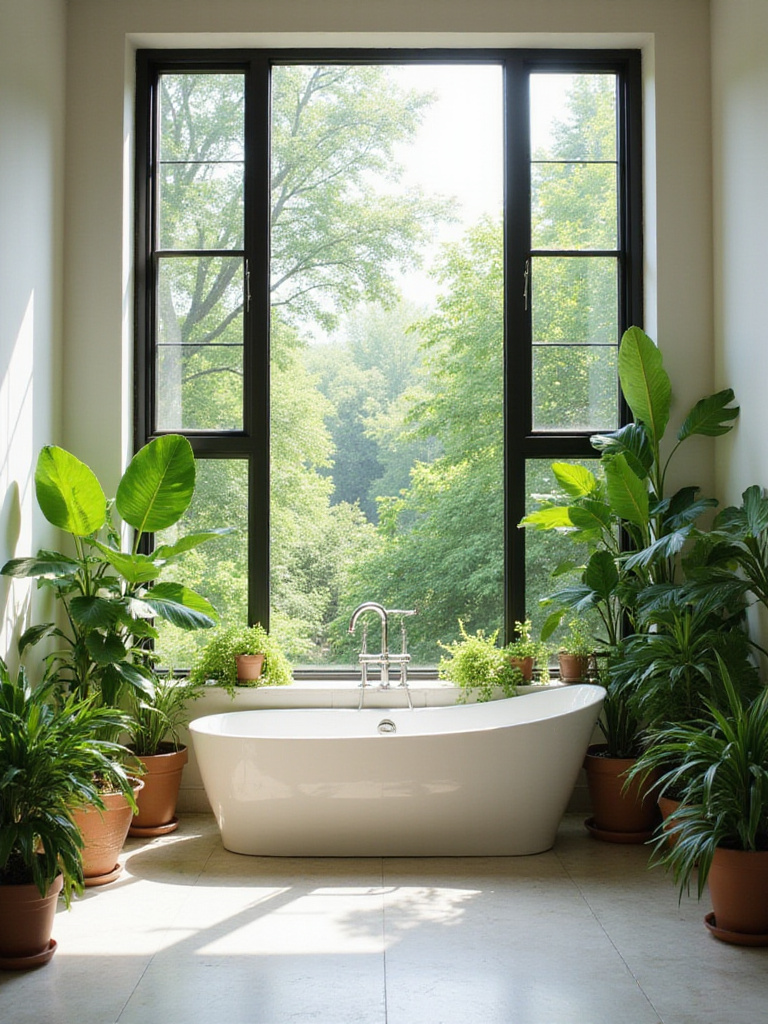 Bathroom featuring biophilic design with abundant natural light and various potted plants.