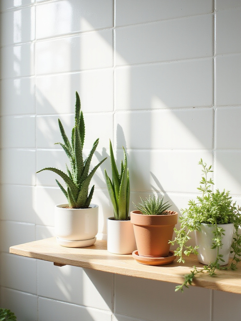 Bathroom shelf decorated with mini potted plants