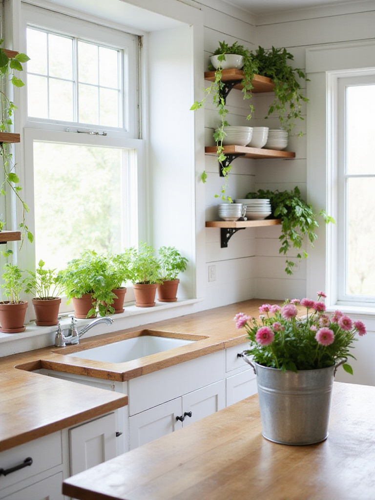 Farmhouse kitchen with windowsill herb garden and cascading greenery