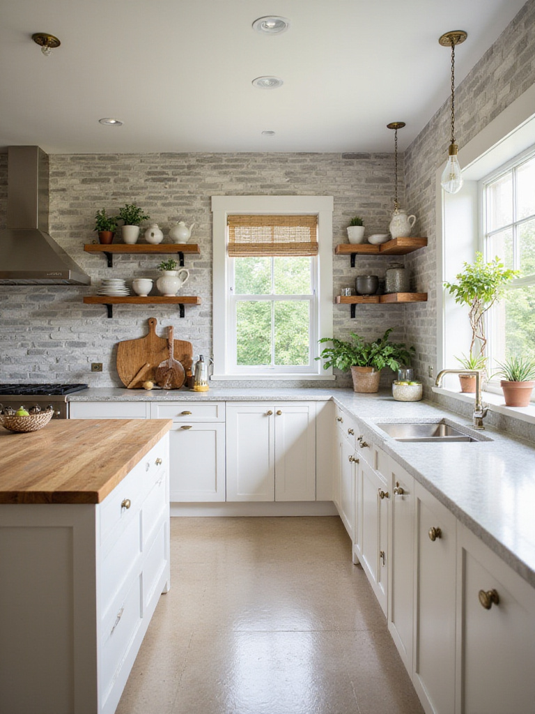Bright and airy kitchen with natural stone backsplash and butcher block island.