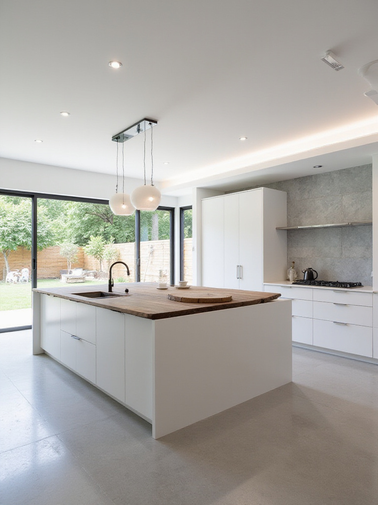 Contemporary kitchen with natural wood island and stone backsplash