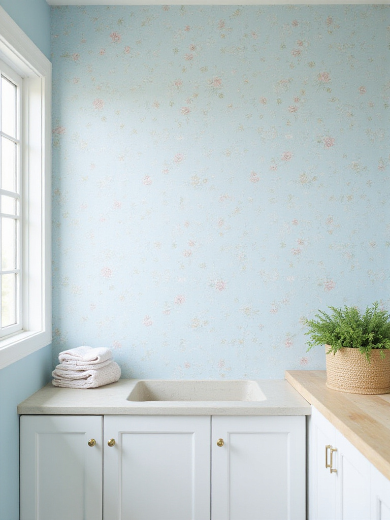 Laundry room with light blue floral wallpaper