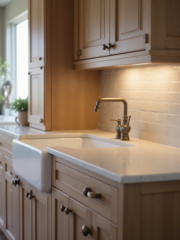 Kitchen with brown cabinets and brushed bronze hardware