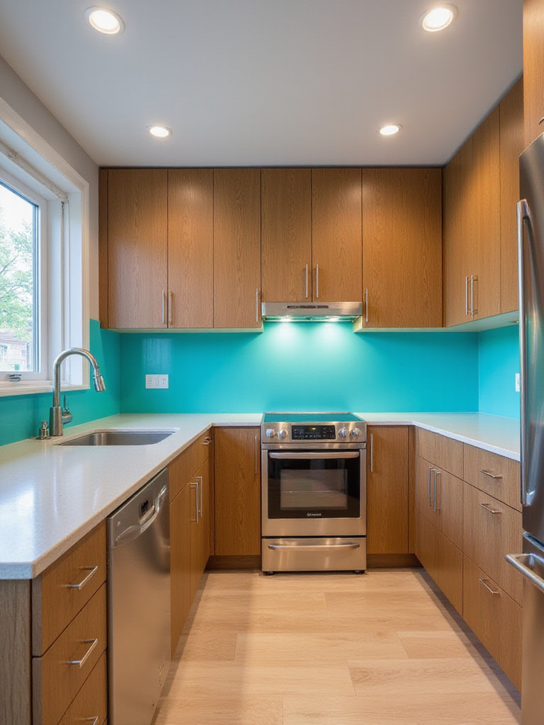 Brown kitchen with turquoise backsplash