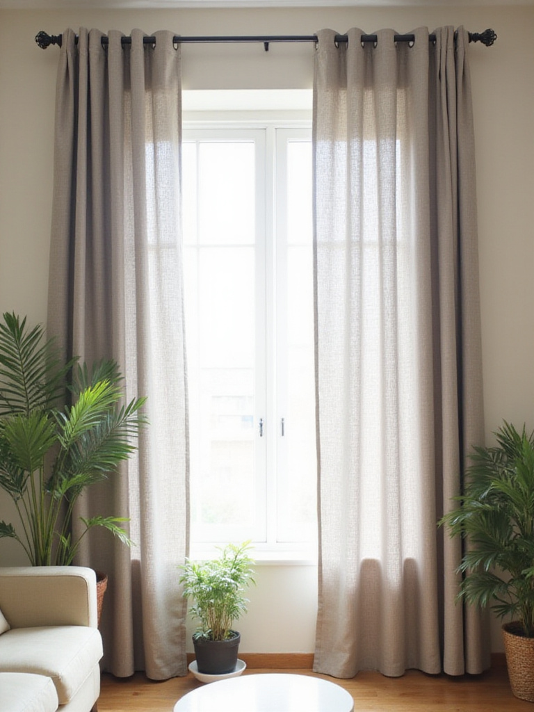 Budget-friendly living room curtains in a neutral color on a stylish dark metal rod.