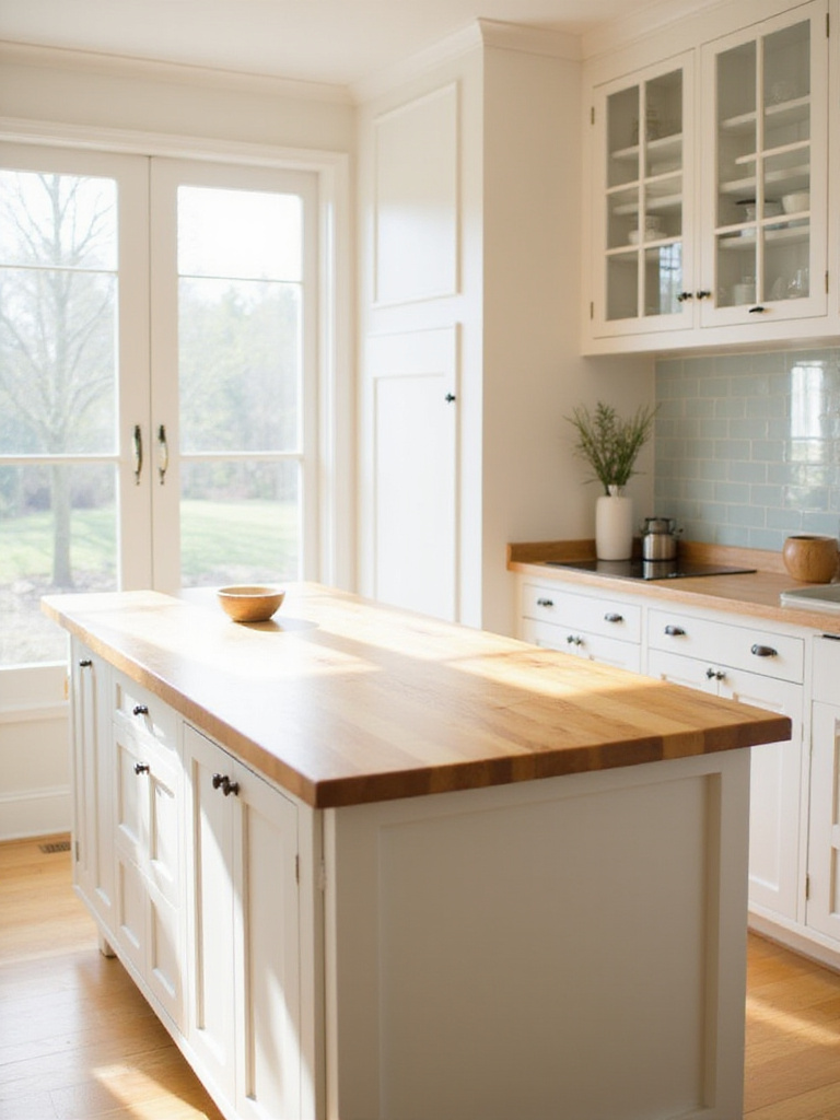 Kitchen island with maple butcher block countertop.