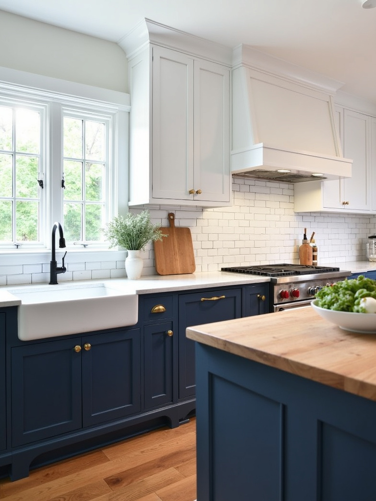 Modern farmhouse kitchen with white cabinets and navy blue island