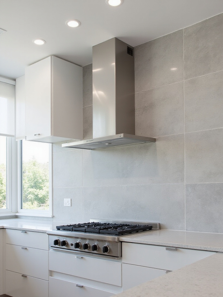 Modern kitchen with light gray, ceiling-height backsplash.