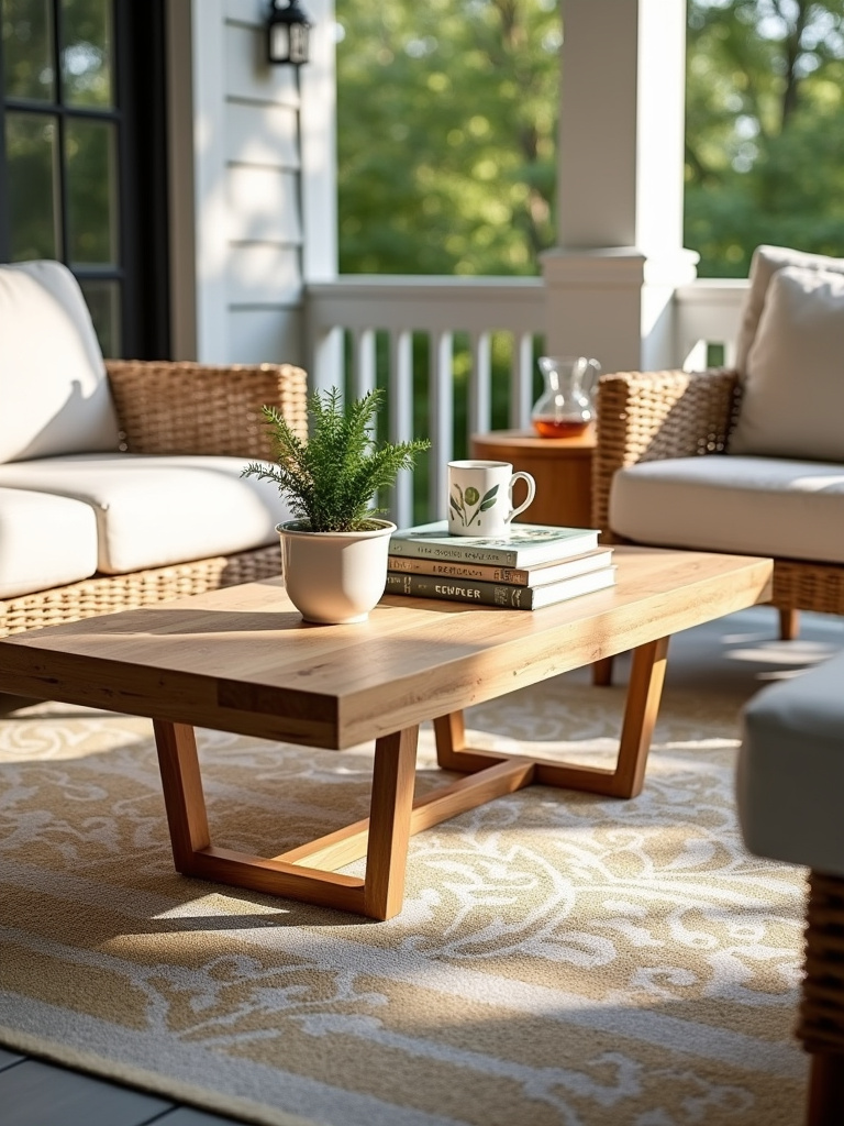 Stylish teak wood outdoor coffee table on a porch, adorned with succulents and books, creating a welcoming gathering space.