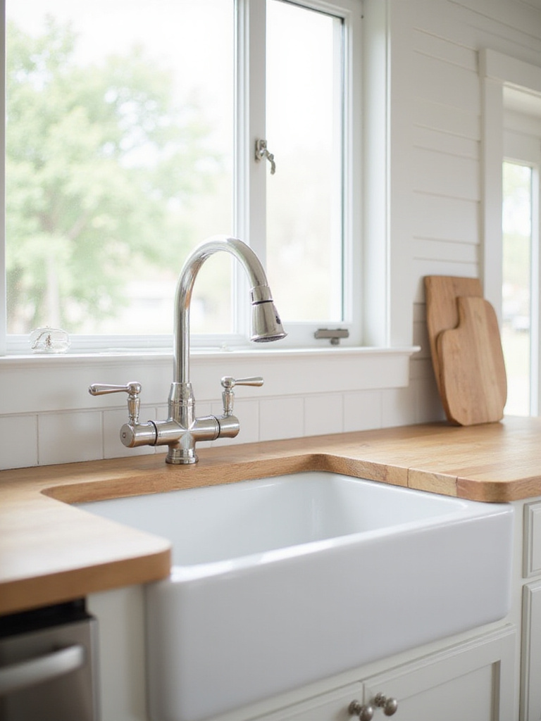 Farmhouse kitchen with white fireclay apron-front sink and butcher block countertops