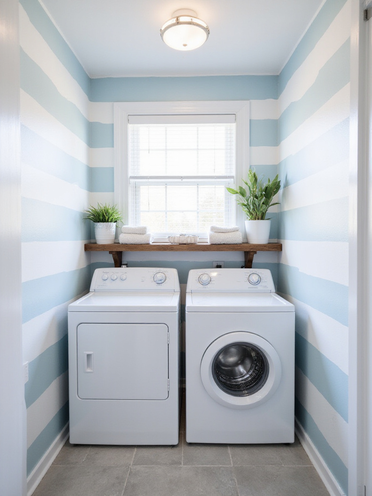 Nautical stripe wallpaper in a light blue and white laundry room.