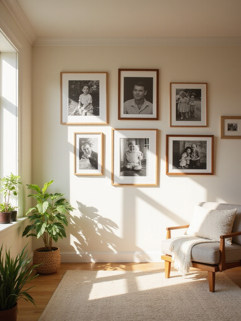 Living room wall with a beautiful and heartwarming family photo display.