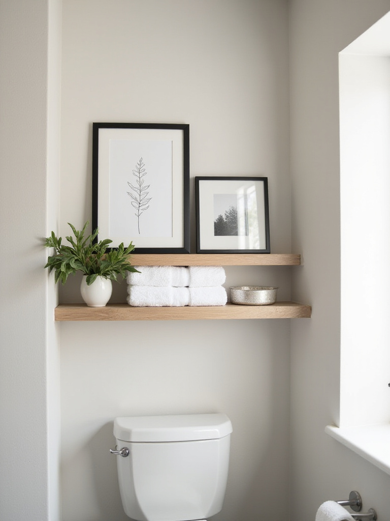 Bathroom shelf with framed art print and black and white photograph.