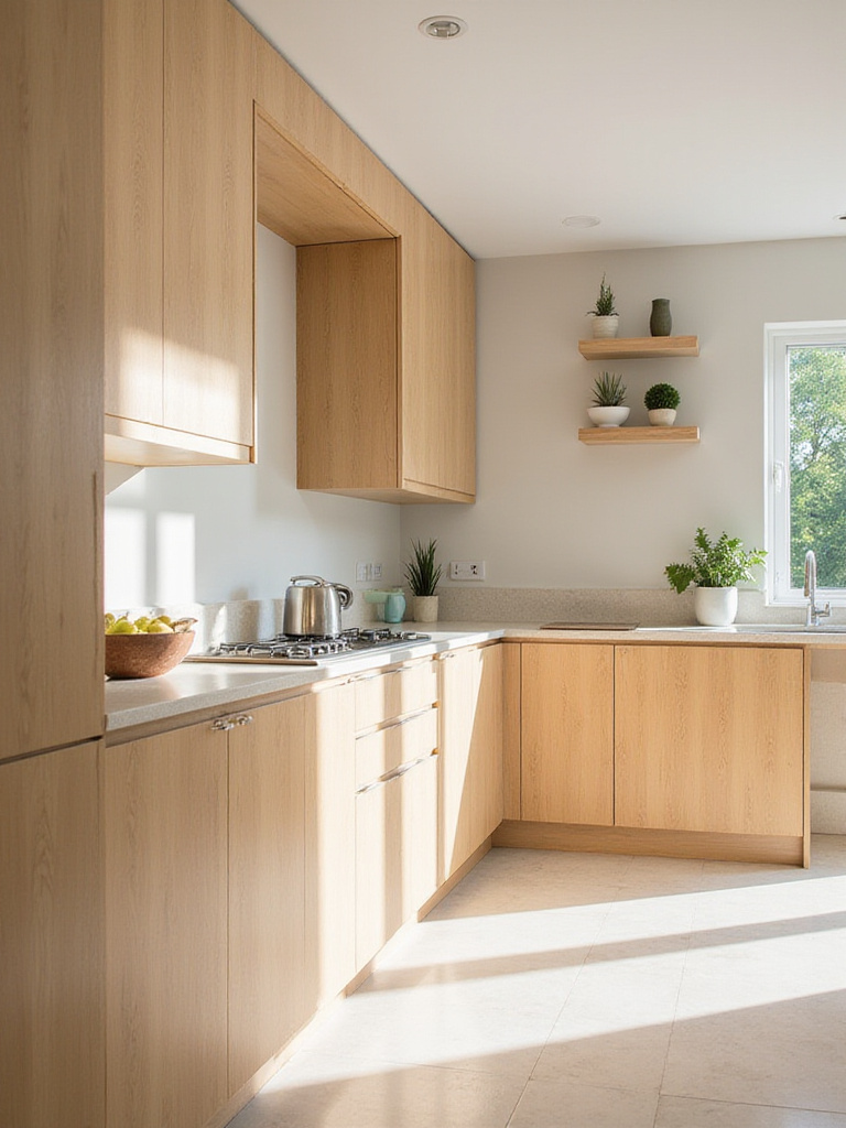 Modern kitchen featuring sustainable bamboo cabinetry with a natural finish.