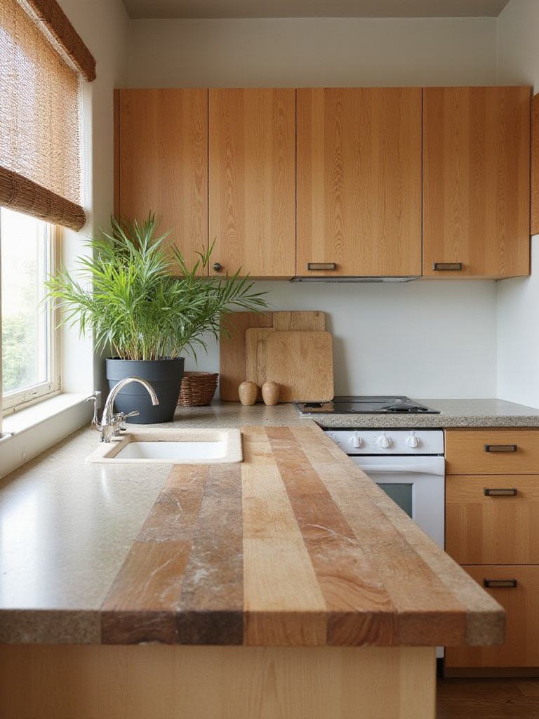 Modern green kitchen featuring durable and sustainable materials like recycled glass countertops and solid wood cabinets.