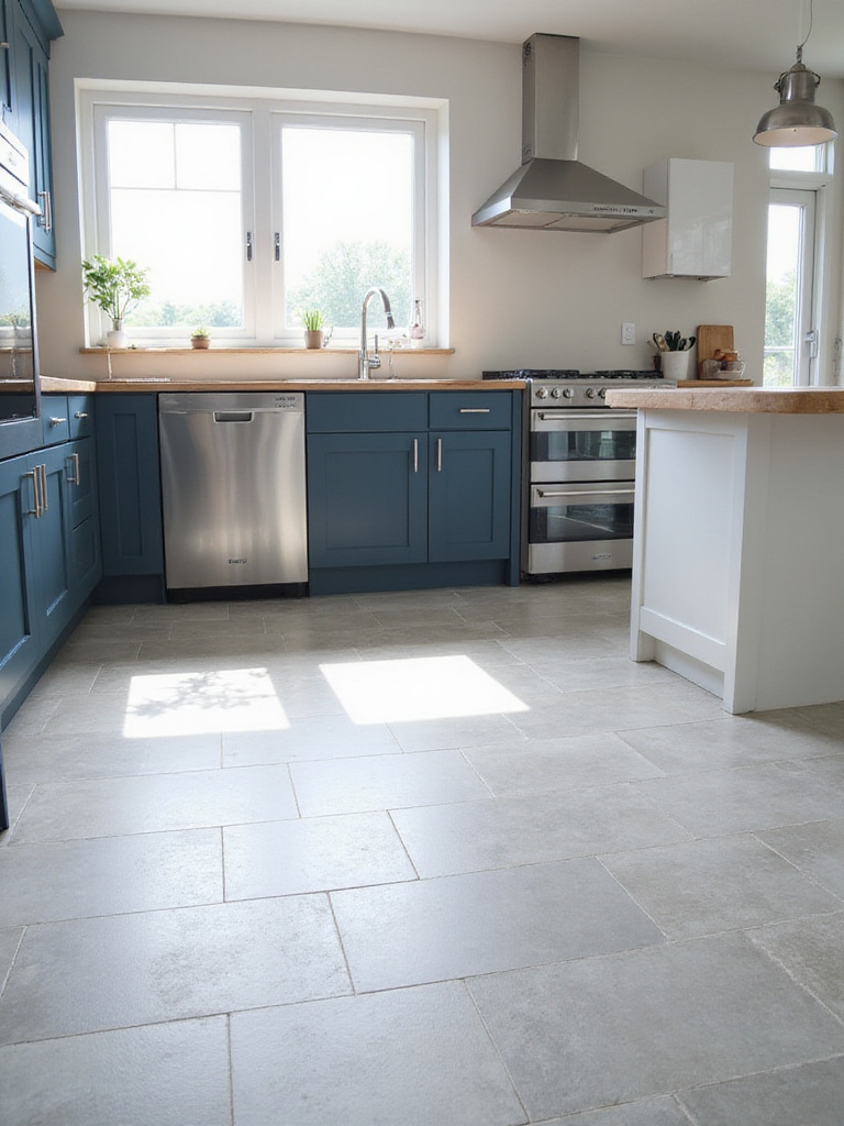 Modern kitchen with light gray porcelain tile flooring