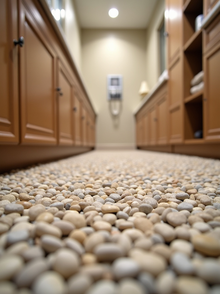 Beachy coastal bathroom flooring with pebble tiles, providing a natural texture and comfortable underfoot experience.
