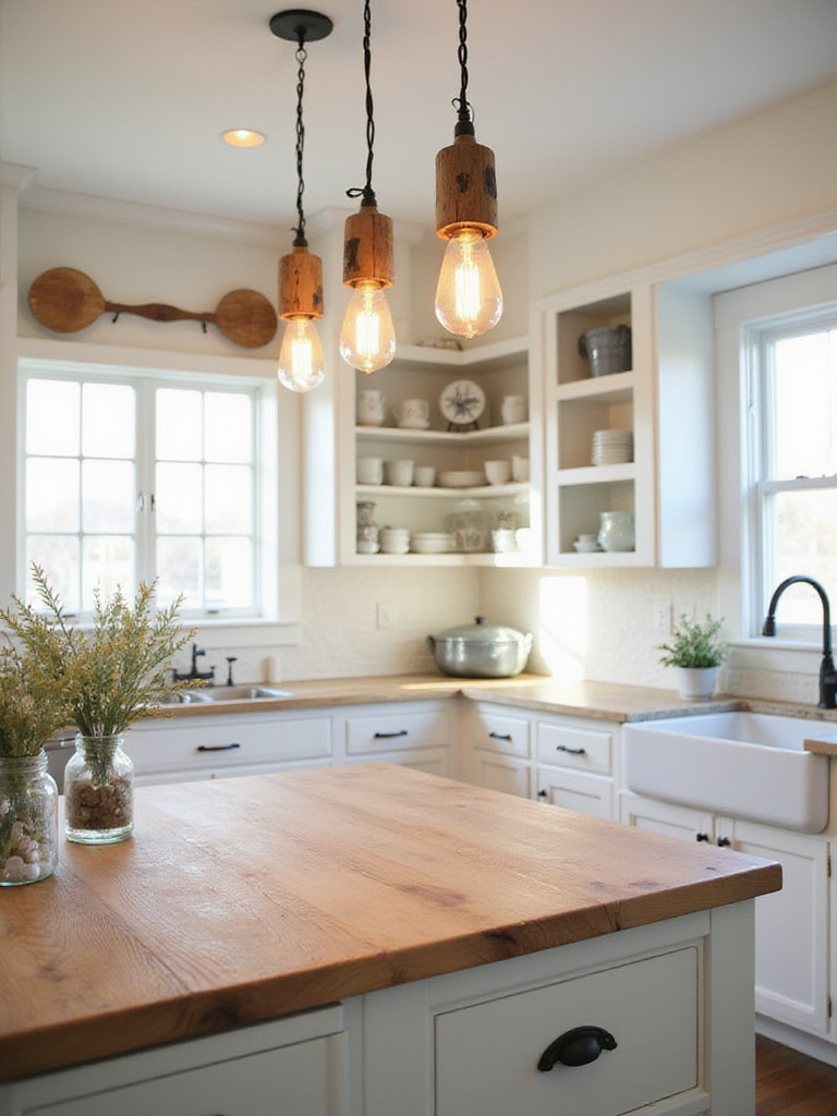 Cottage kitchen with rustic pendant lighting above a kitchen island.