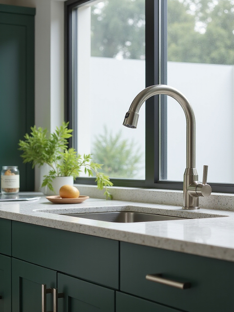 Modern green kitchen with water-saving stainless steel faucet