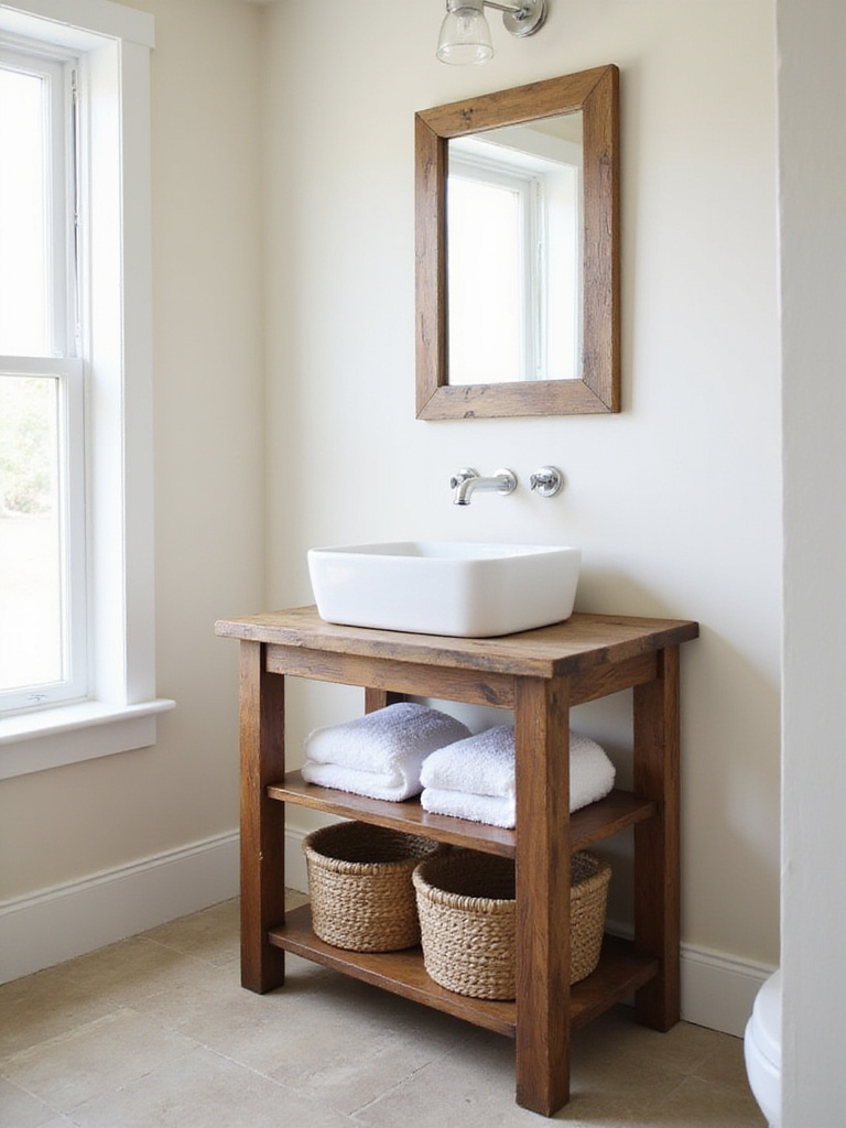 Farmhouse bathroom with freestanding reclaimed wood vanity and vessel sink.