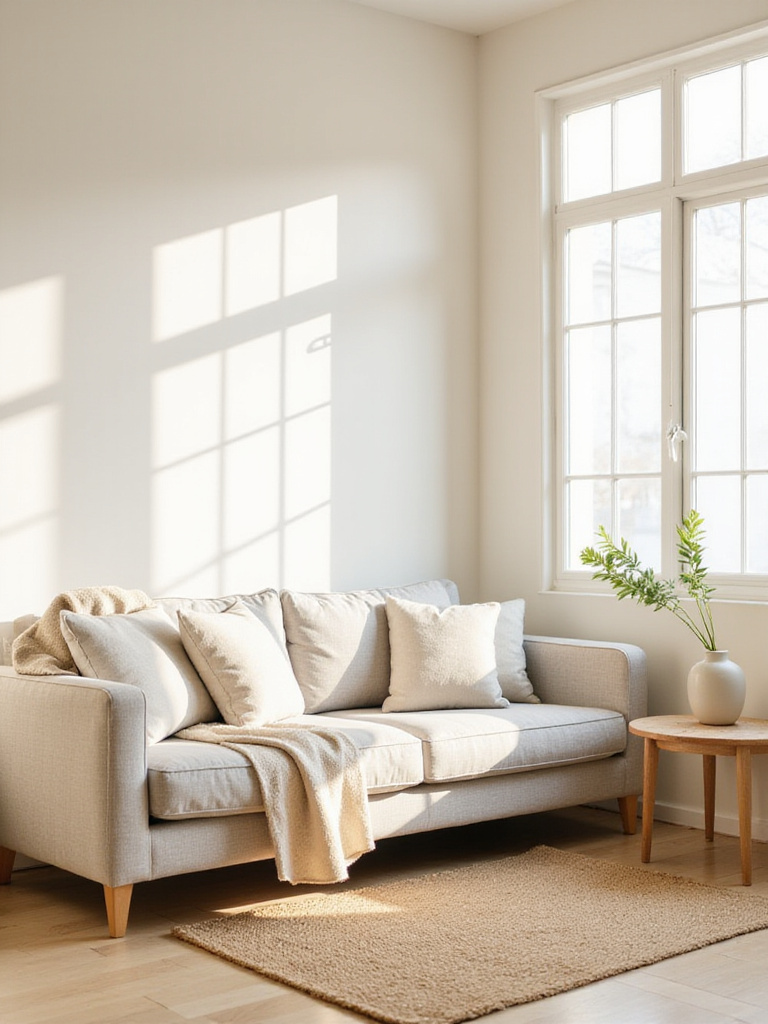 Minimalist living room with serene neutral palette and natural textures.