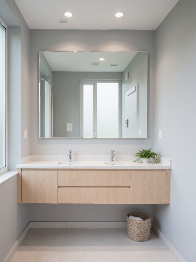 Minimalist bathroom with a large frameless mirror above a light wood vanity.