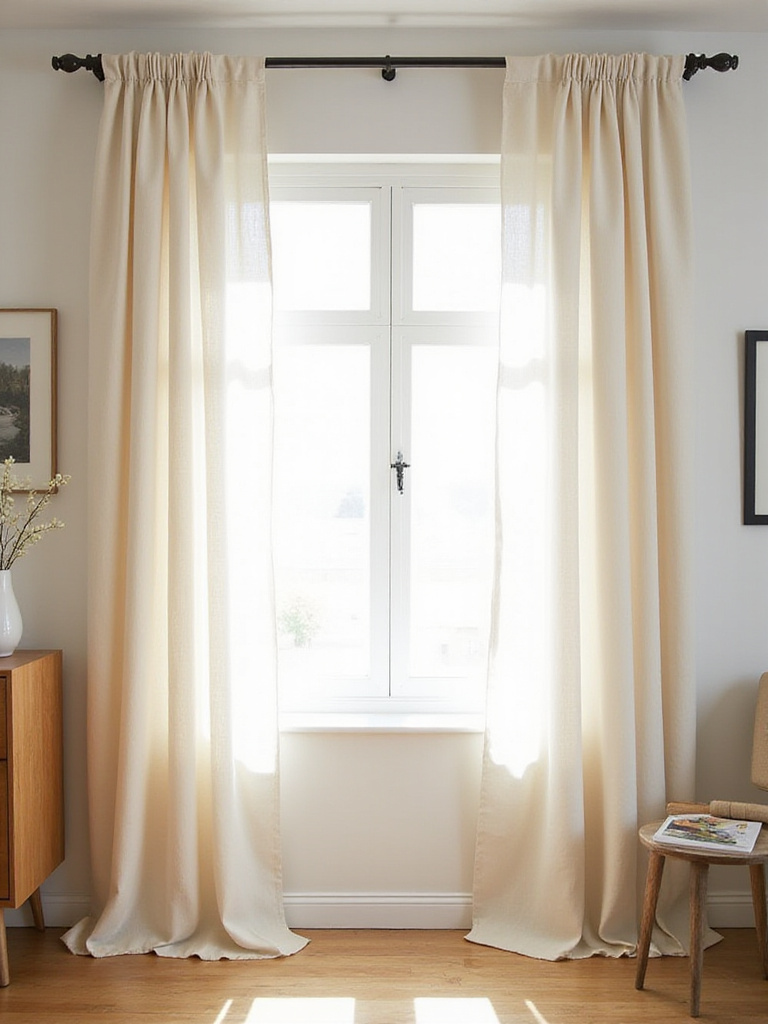 Modern living room with floor-length linen curtains.