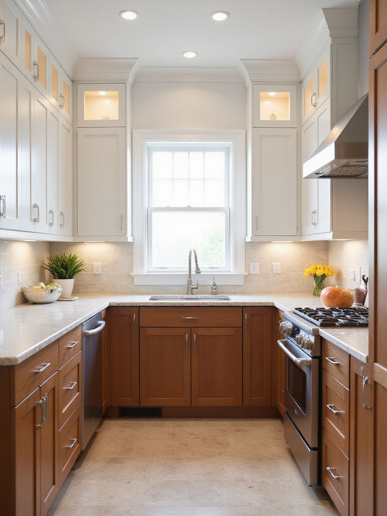 Classic brown and white kitchen design with shaker cabinets and marble countertops.