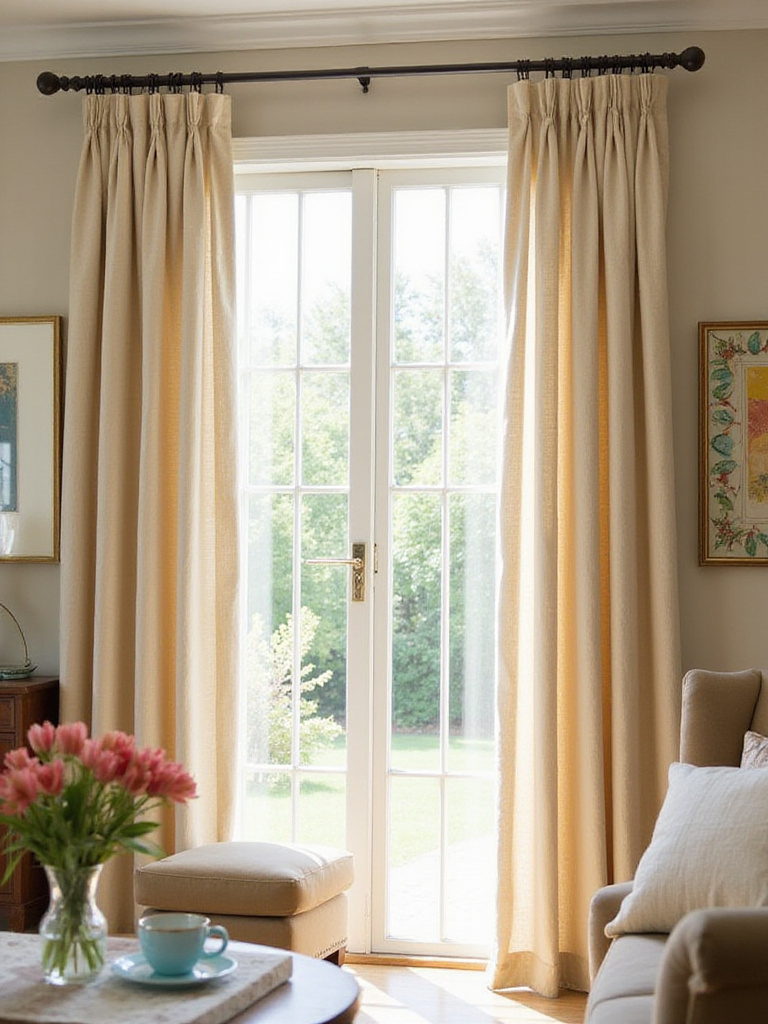 Elegant beige pinch-pleated curtains in a sunlit living room.