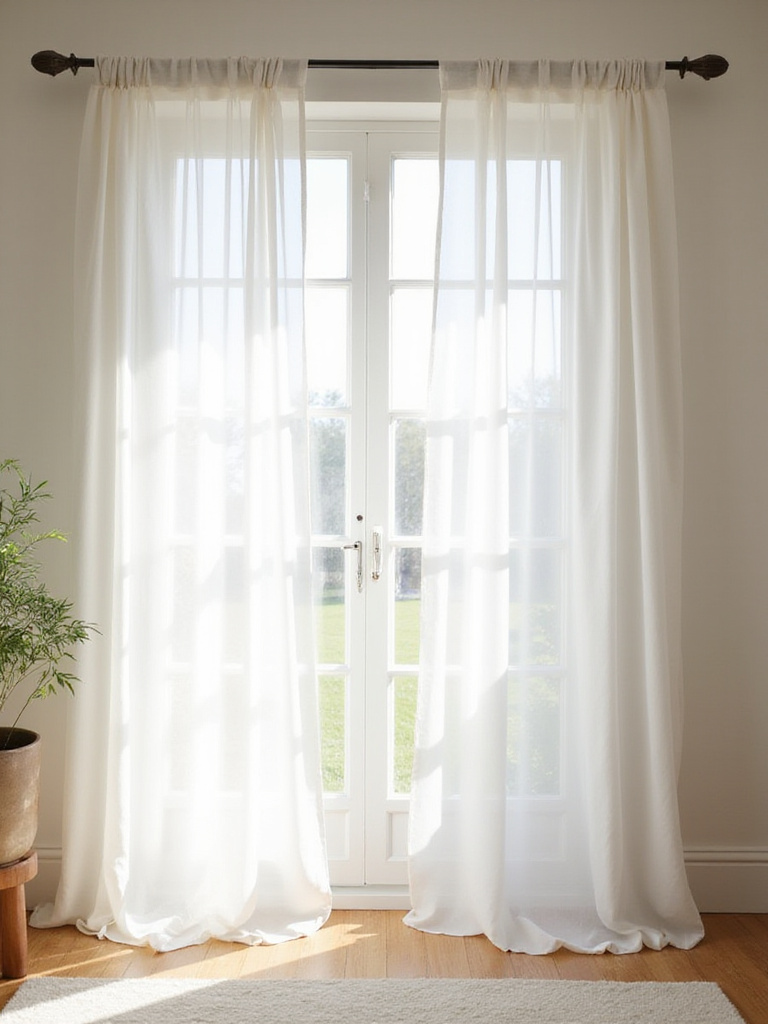 Sheer white curtains softly filtering sunlight in a bright living room.