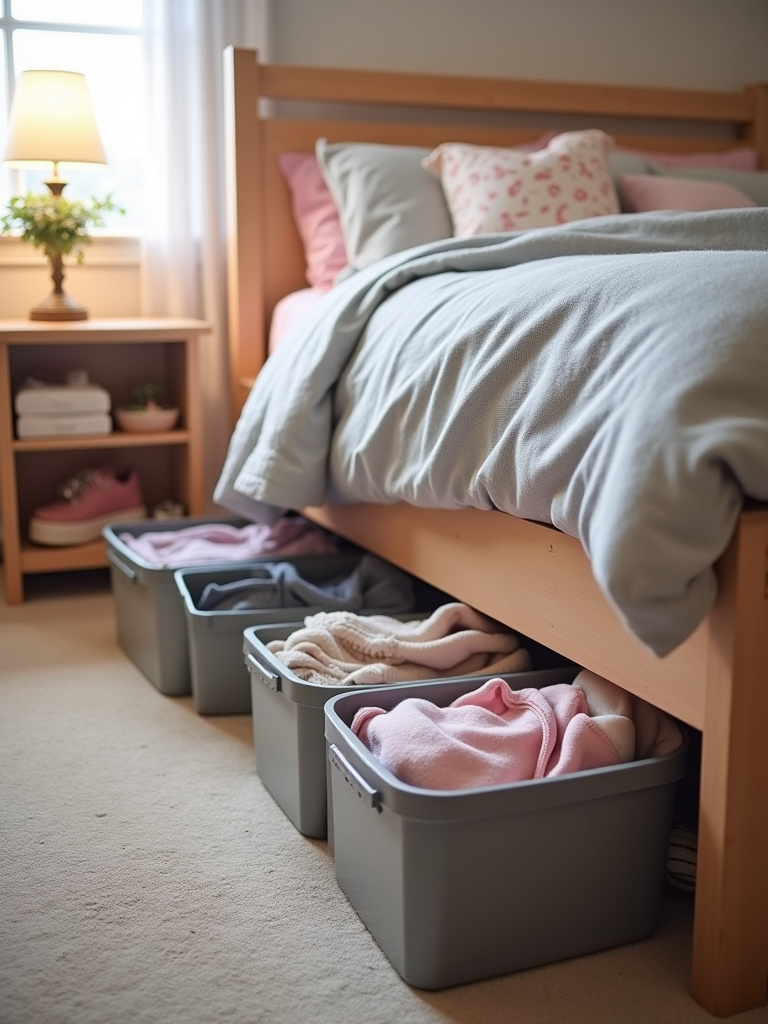 Teen bedroom with clever under-bed storage solutions using containers and drawers.