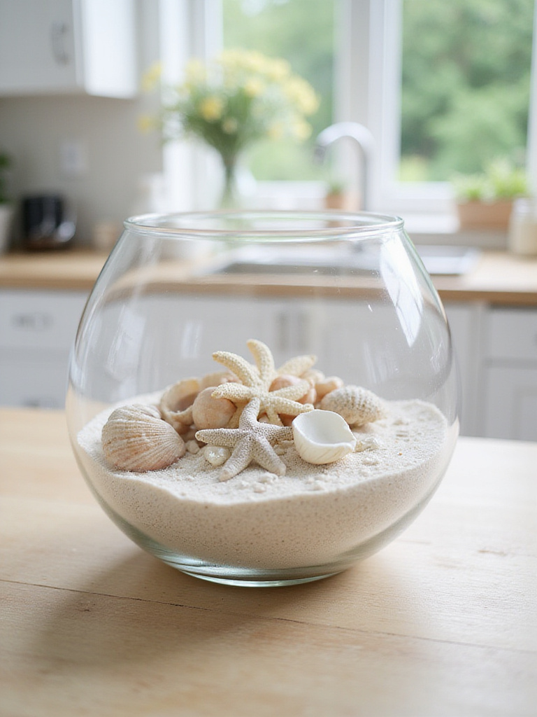 Coastal kitchen table centerpiece with seashells and starfish in a glass bowl