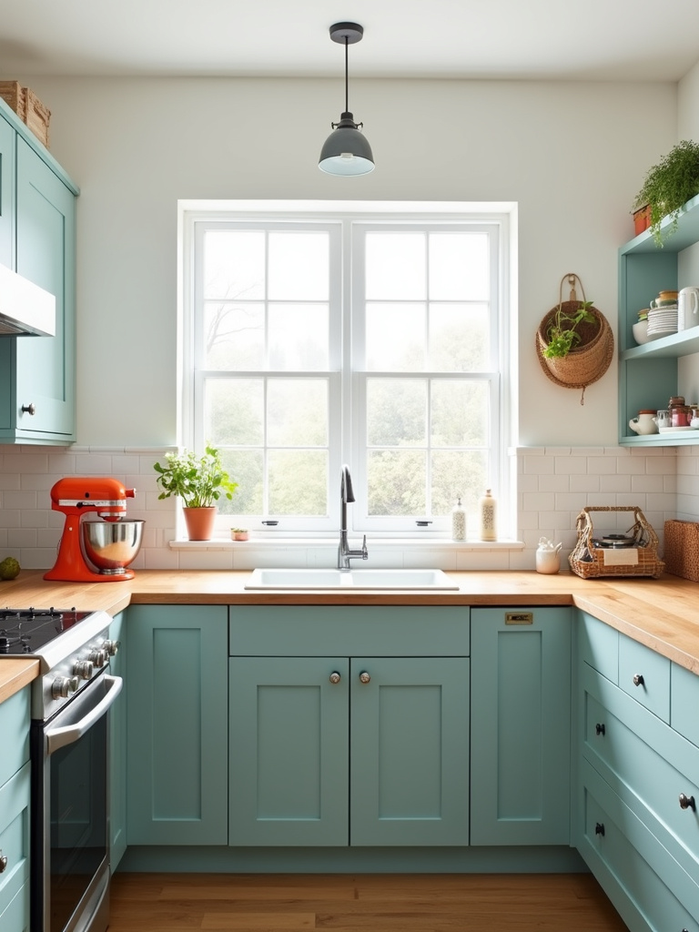 Modern kitchen with teal cabinets, white backsplash, wood countertops, and orange accent pieces, showcasing a confidently mixed color palette