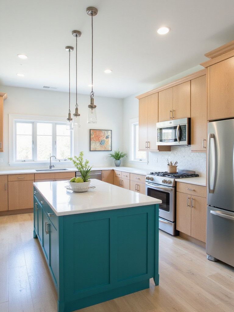 Kitchen with light wood cabinets and a vibrant teal kitchen island