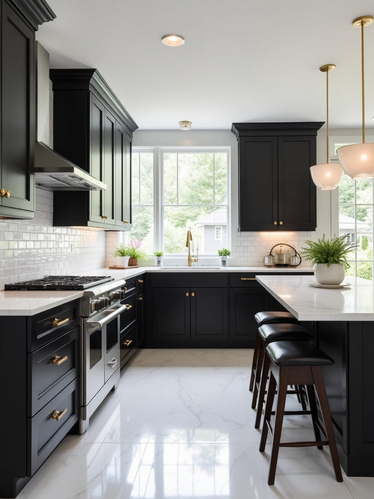 Black upper and lower kitchen cabinets with white quartz countertops and gold hardware.