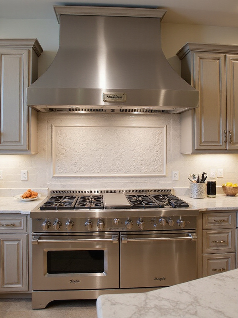 Professional-grade stainless steel range in a luxury kitchen.