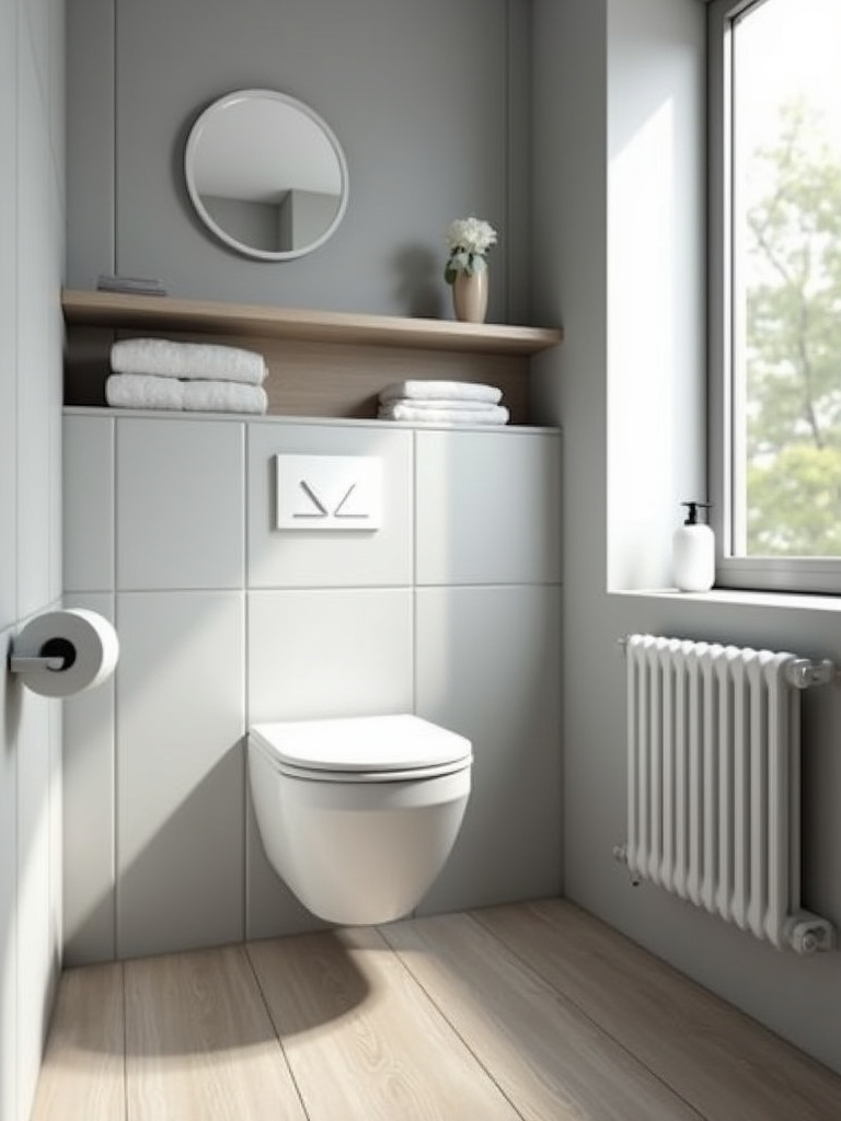 Small bathroom design with a space-saving wall-hung toilet and open shelving.