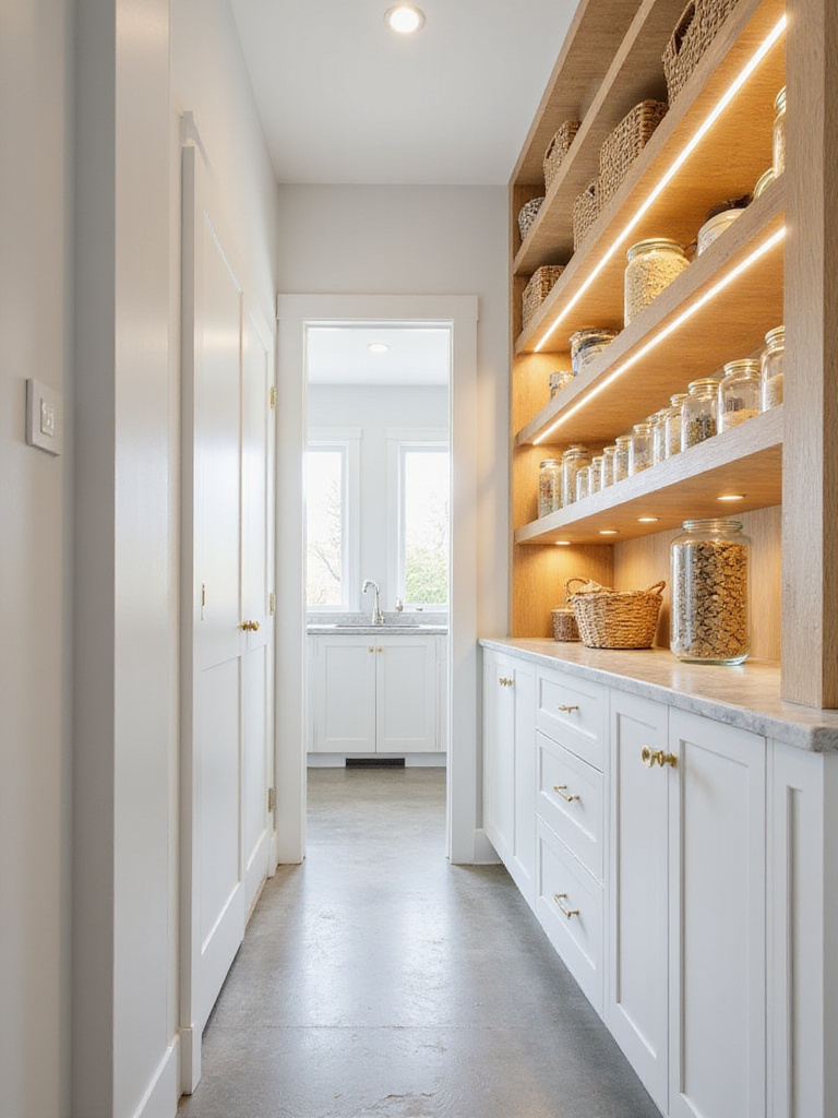 Modern walk-in pantry with light wood shelving and seamless door.