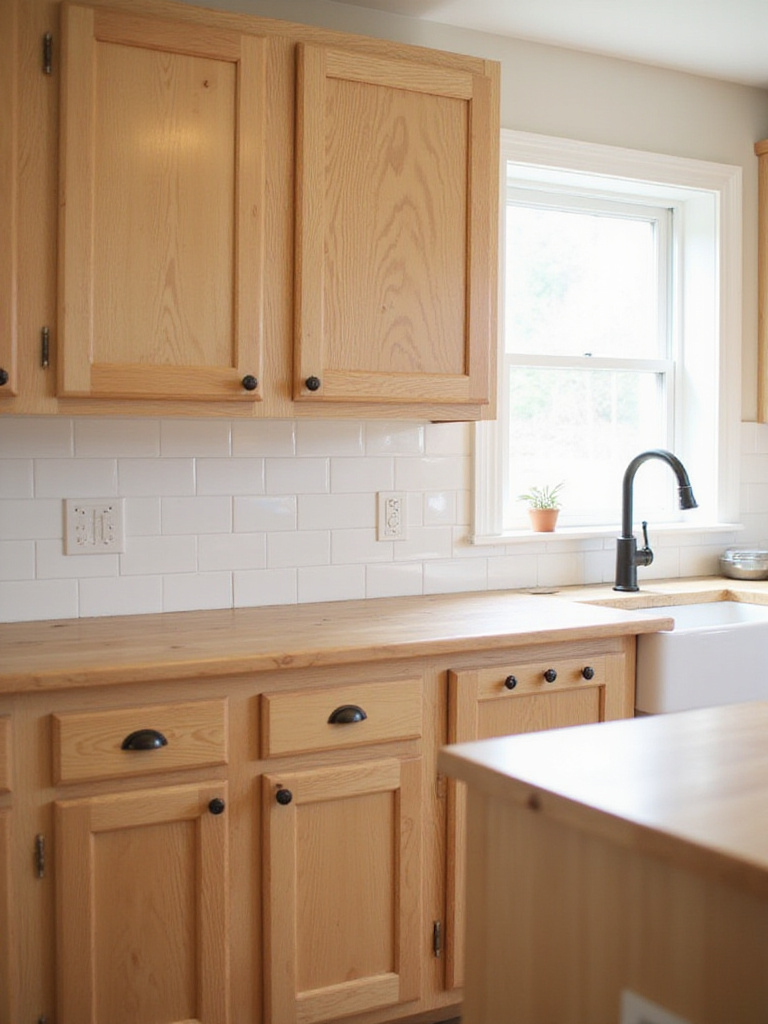 Farmhouse kitchen with natural oak wood cabinetry and butcher block countertops.