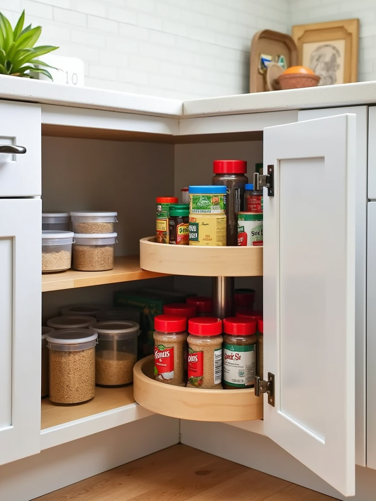 Lazy Susan in corner cabinet for easy kitchen storage
