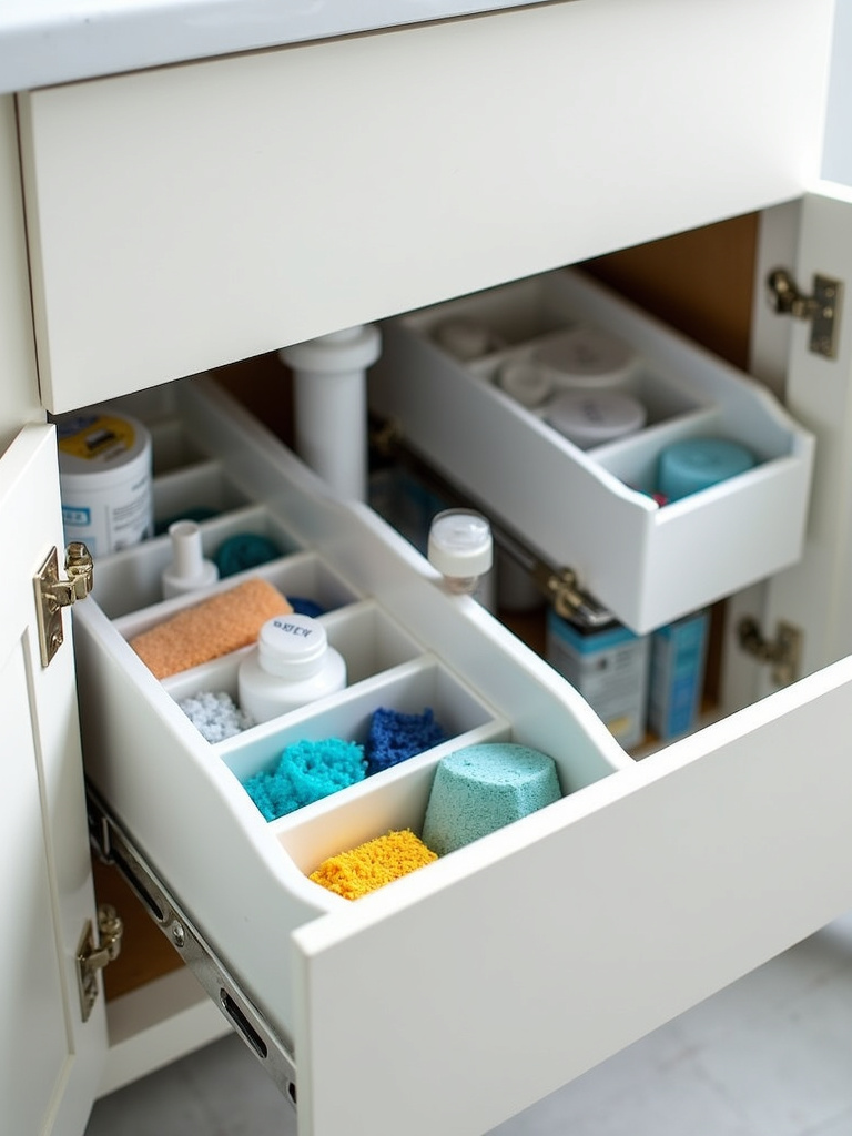 Organized under-sink bathroom cabinet with pull-out drawers and tiered organizers, maximizing space and accessibility.