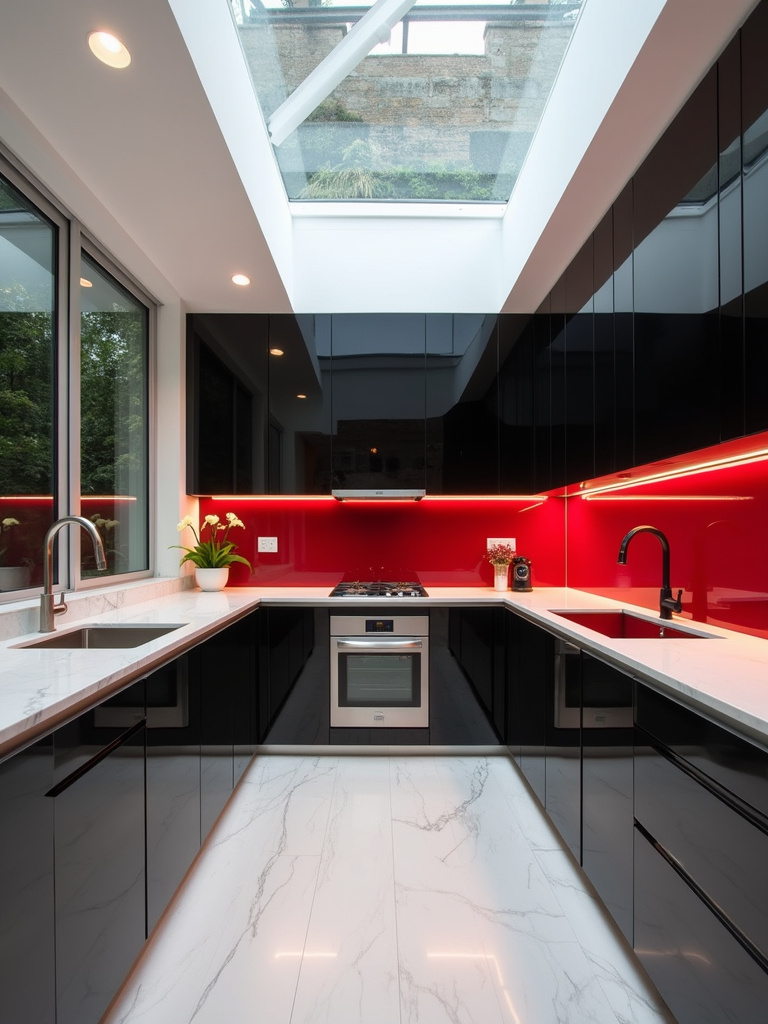 Black gloss kitchen cabinets in a modern, high-shine kitchen.