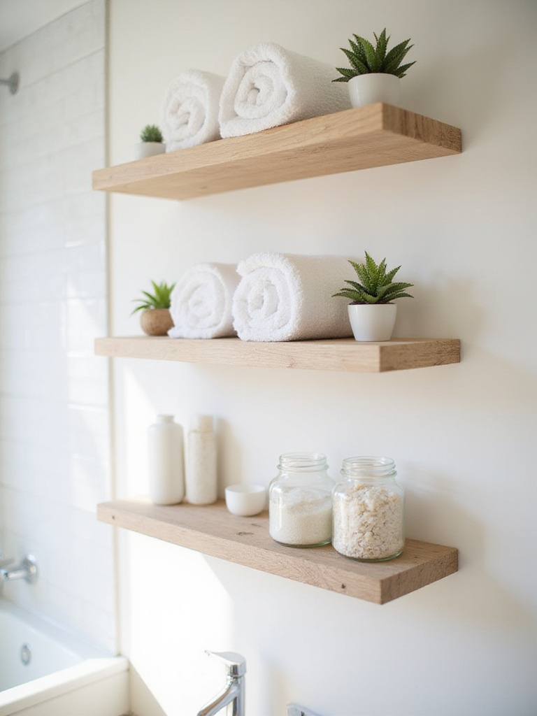 Open bathroom shelves displaying neatly arranged towels, plants, and bath salts for a spa-like feel.