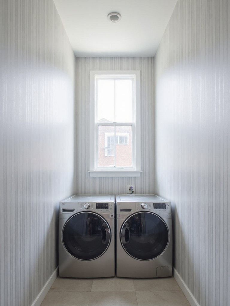 Small laundry room with light gray and white vertical striped wallpaper that visually enlarges the space.