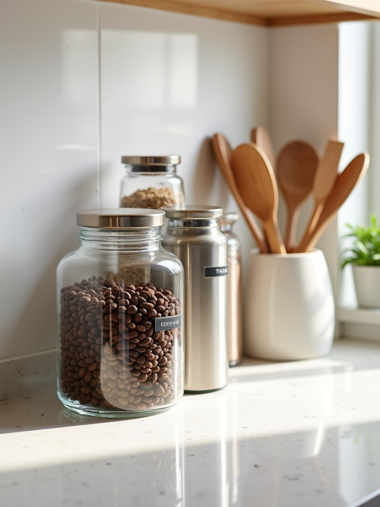 Organized kitchen countertop with stylish storage containers for coffee, spices, and cooking utensils.