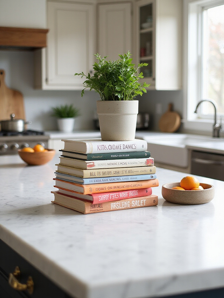 Kitchen island decorated with colorful cookbooks, a potted herb, and a bowl of oranges.
