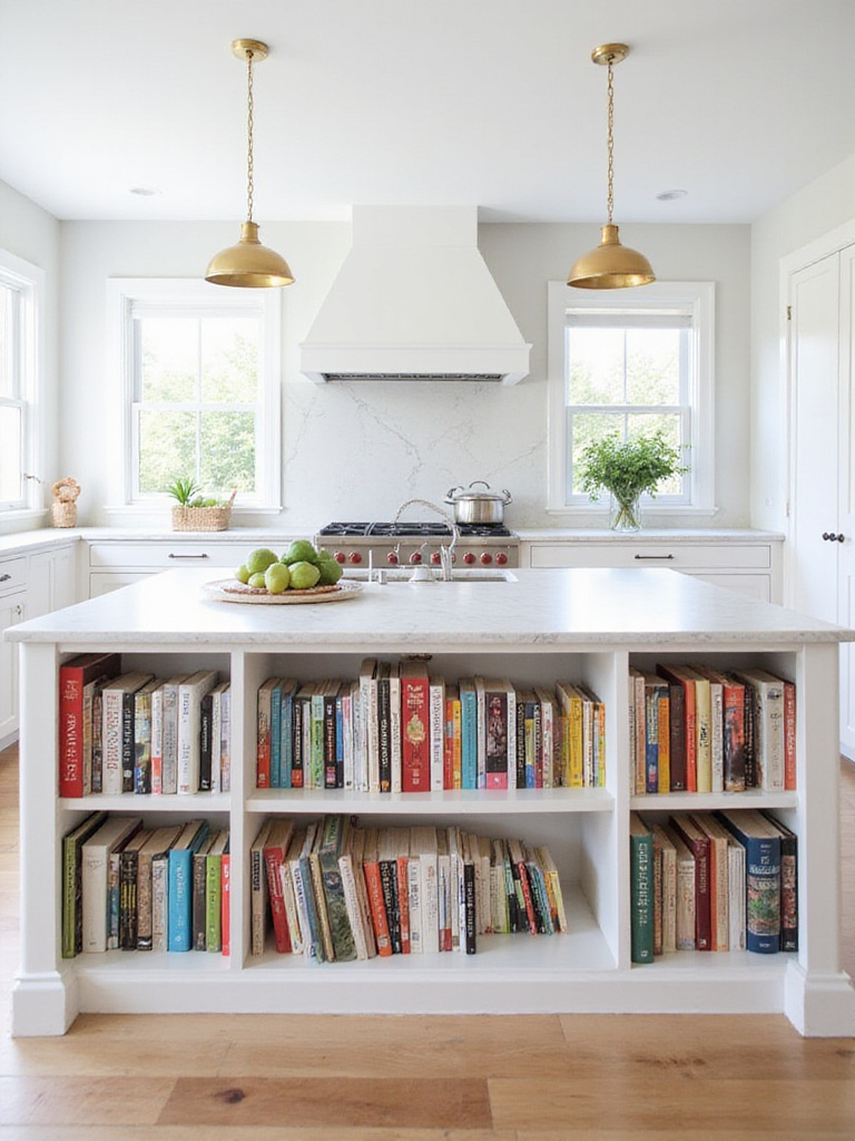 Kitchen island with built-in cookbook storage showcasing a colorful collection of cookbooks on open shelving.