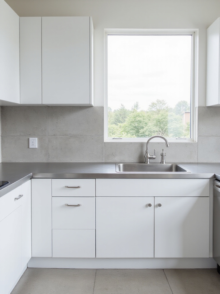 Modern kitchen with a smooth, light-gray concrete backsplash.