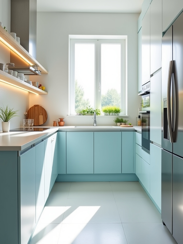 Modern kitchen with cool blue and white color scheme, stainless steel appliances, and quartz countertops.